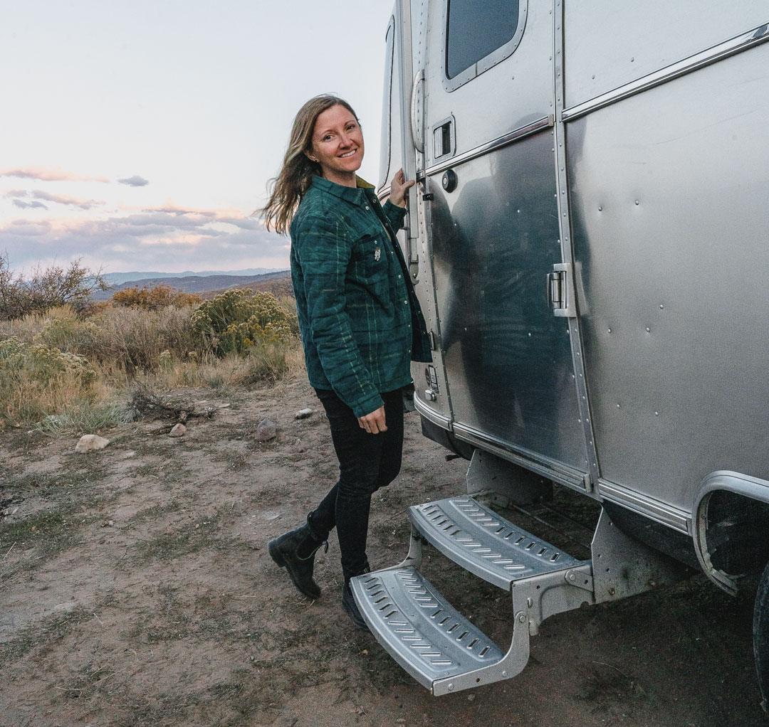 Stacey Powers in front of Airstream